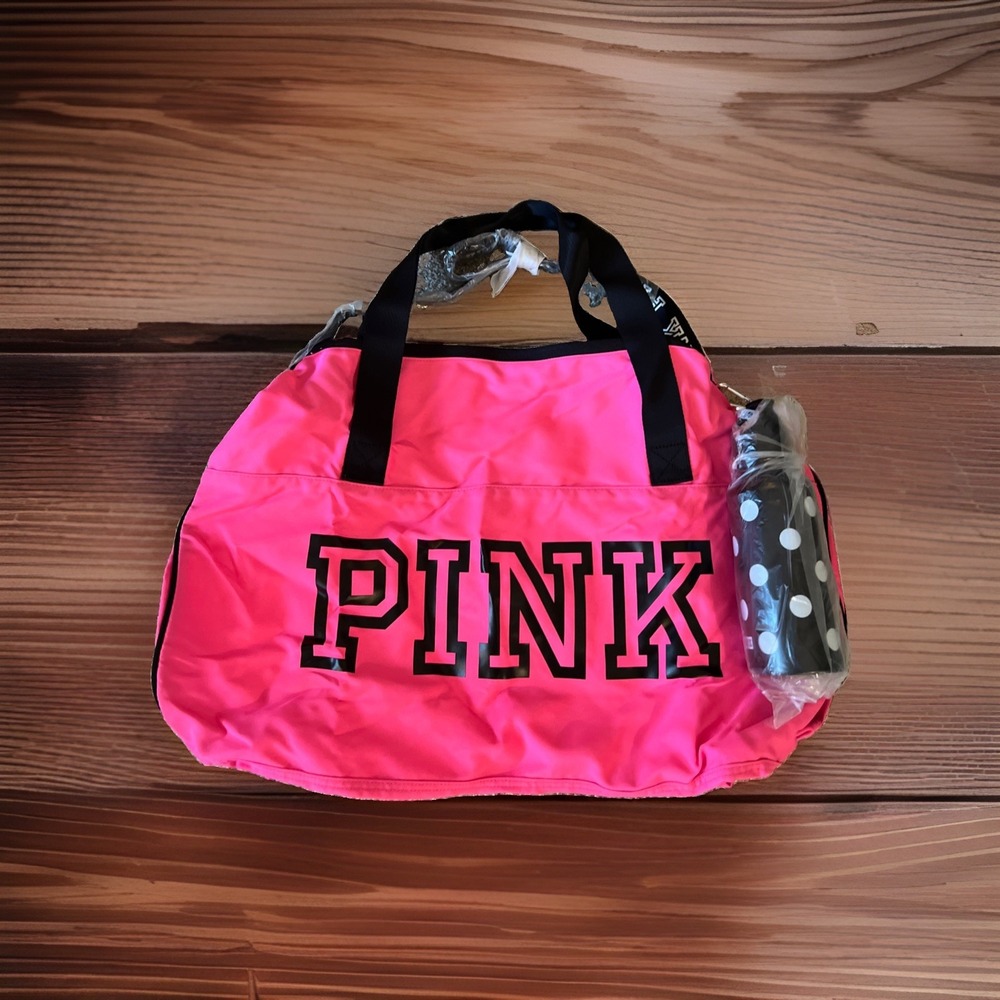 New PINK Hot Pink Victoria's Secret Duffle Bag W Black Polka Dot Water Bottle